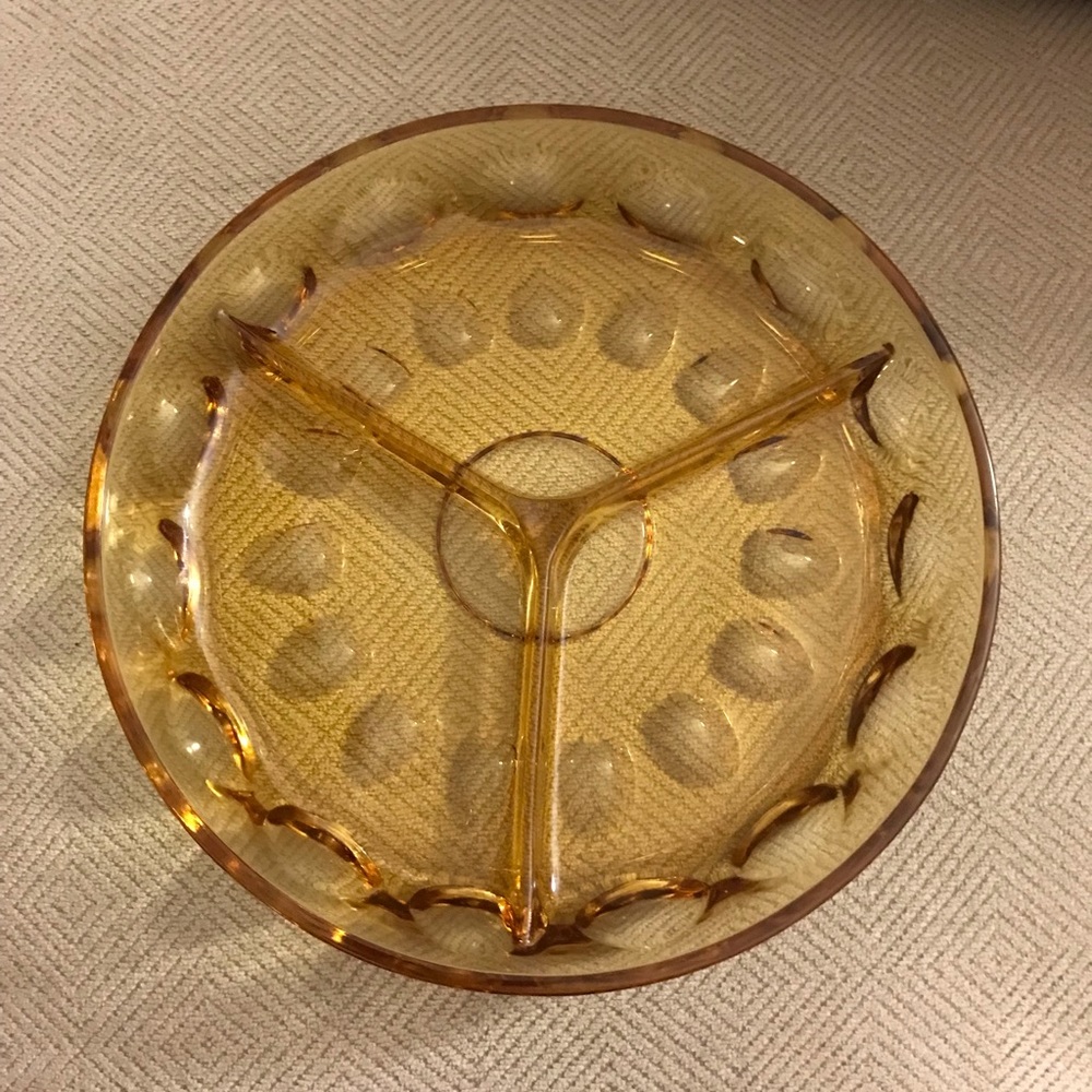 Vintage Hazel Atlas Reflection Amber Thumbprint 3-part Divided Relish Dish